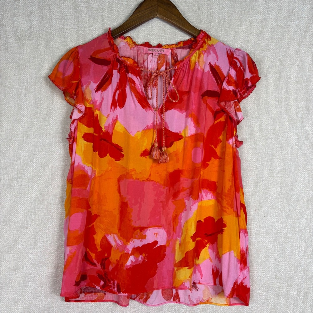 Rose + Olive Resort Pink Orange Abstract Floral Tassel Flutter Sleeve Top Large